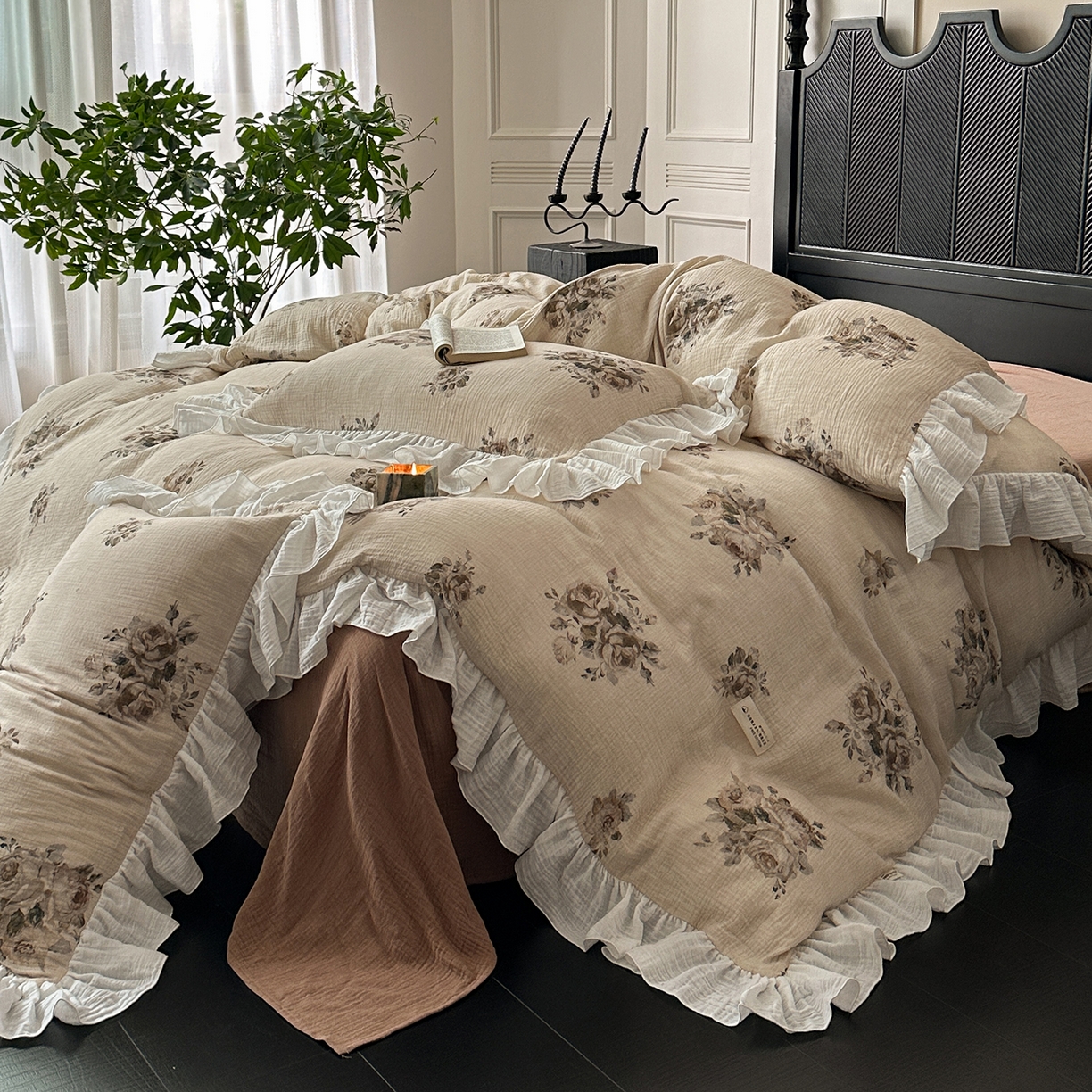 91家纺网 家纺一手货源 找家纺 （总）耀悦家纺 2025新款纯棉四件套皱皱纱全棉双层纱花边套件欧式新中式