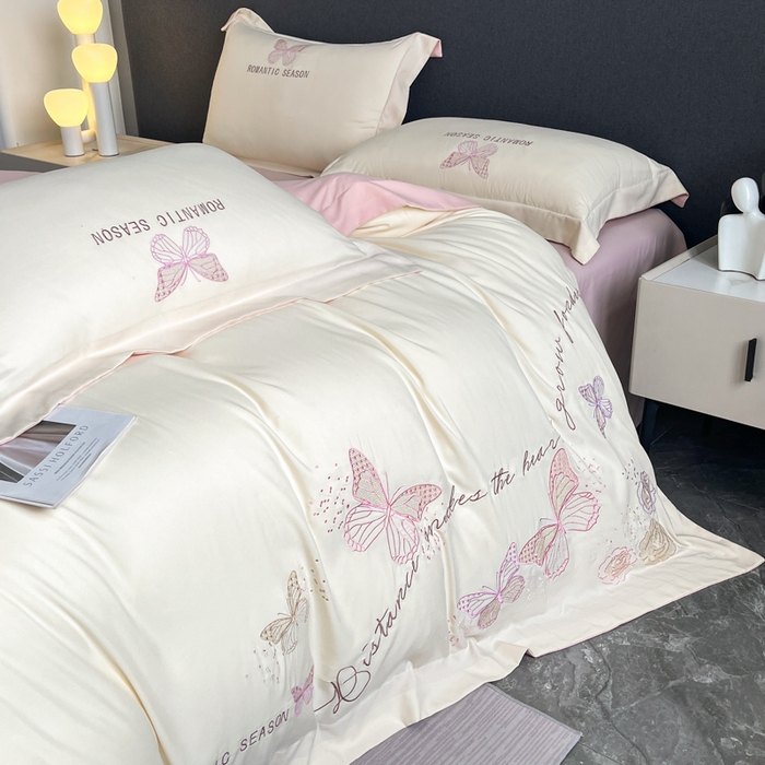 91家纺网 家纺一手货源 找家纺 （总）青柚 2025新款梦蝶亲肤棉刺绣四件套（小号不低于98元，标准不低于138，加大不低于148，以此类推，低价必投不撤销）