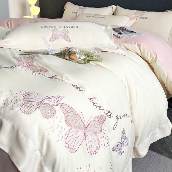 91家纺网 家纺一手货源 找家纺 （总）青柚 2025新款梦蝶亲肤棉刺绣四件套（小号不低于98元，标准不低于138，加大不低于148，以此类推，低价必投不撤销）