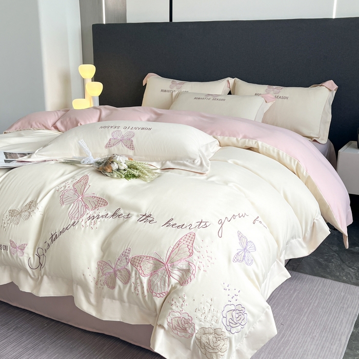 91家纺网 家纺一手货源 找家纺 （总）青柚 2025新款梦蝶亲肤棉刺绣四件套（小号不低于98元，标准不低于138，加大不低于148，以此类推，低价必投不撤销）