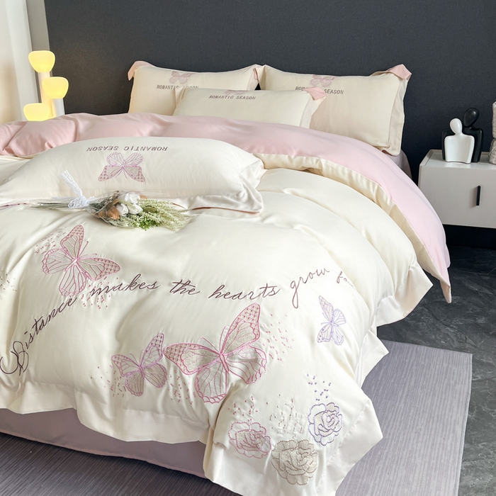 91家纺网 家纺一手货源 找家纺 （总）青柚 2025新款梦蝶亲肤棉刺绣四件套（小号不低于98元，标准不低于138，加大不低于148，以此类推，低价必投不撤销）