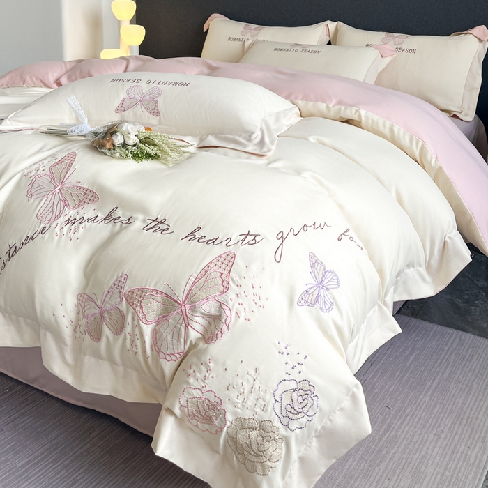 91家纺网 家纺一手货源 找家纺 （总）青柚 2025新款梦蝶亲肤棉刺绣四件套（小号不低于98元，标准不低于138，加大不低于148，以此类推，低价必投不撤销）