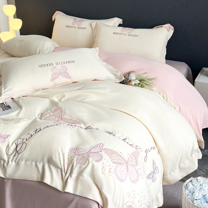 91家纺网 家纺一手货源 找家纺 （总）青柚 2025新款梦蝶亲肤棉刺绣四件套（小号不低于98元，标准不低于138，加大不低于148，以此类推，低价必投不撤销）