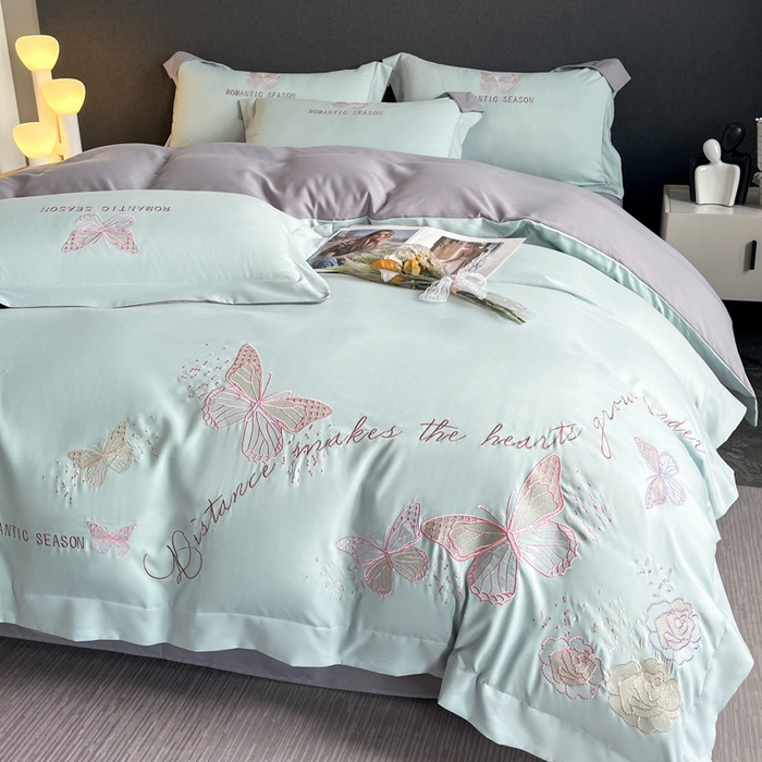 91家纺网 家纺一手货源 找家纺 青柚 2025新款梦蝶亲肤棉刺绣四件套（小号不低于98元，标准不低于138，加大不低于148，以此类推，低价必投不撤销） 梦蝶-飘蓝