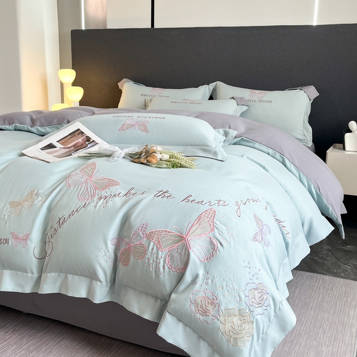 91家纺网 家纺一手货源 找家纺 青柚 2025新款梦蝶亲肤棉刺绣四件套（小号不低于98元，标准不低于138，加大不低于148，以此类推，低价必投不撤销） 梦蝶-飘蓝