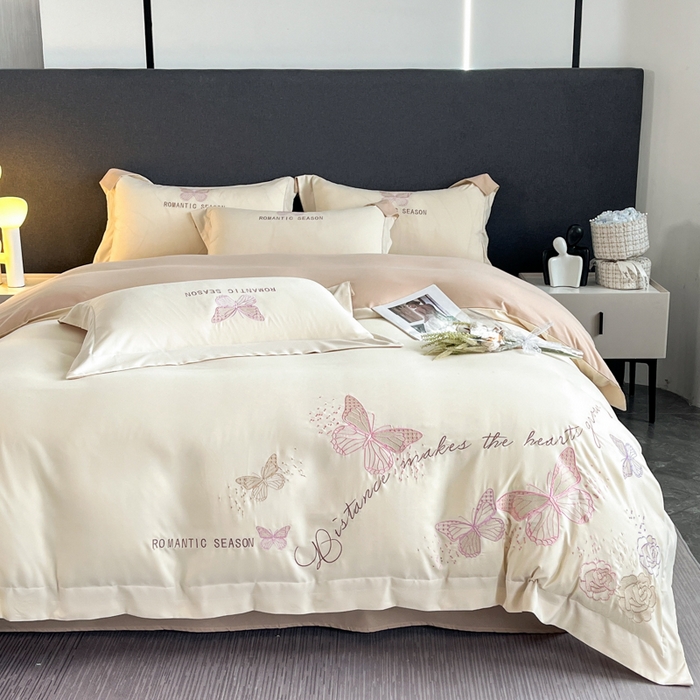 91家纺网 家纺一手货源 找家纺 青柚 2025新款梦蝶亲肤棉刺绣四件套（小号不低于98元，标准不低于138，加大不低于148，以此类推，低价必投不撤销） 梦蝶-香槟