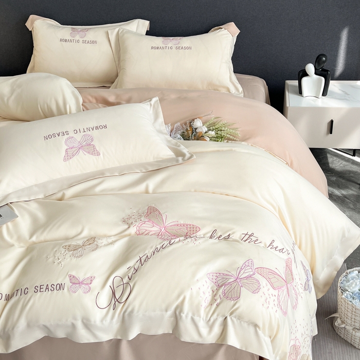 91家纺网 家纺一手货源 找家纺 青柚 2025新款梦蝶亲肤棉刺绣四件套（小号不低于98元，标准不低于138，加大不低于148，以此类推，低价必投不撤销） 梦蝶-香槟