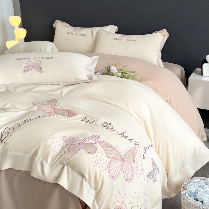 91家纺网 家纺一手货源 找家纺 青柚 2025新款梦蝶亲肤棉刺绣四件套（小号不低于98元，标准不低于138，加大不低于148，以此类推，低价必投不撤销） 梦蝶-香槟