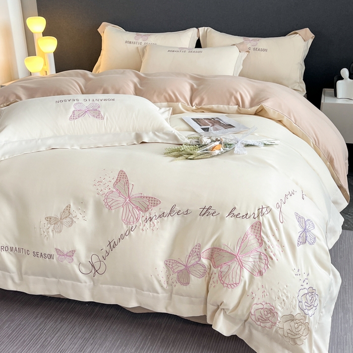 91家纺网 家纺一手货源 找家纺 青柚 2025新款梦蝶亲肤棉刺绣四件套（小号不低于98元，标准不低于138，加大不低于148，以此类推，低价必投不撤销） 梦蝶-香槟