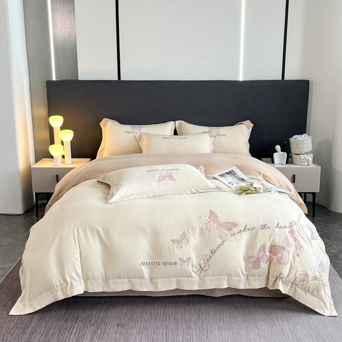 青柚 2025新款梦蝶亲肤棉刺绣四件套（小号不低于98元，标准不低于138，加大不低于148，以此类推，低价必投不撤销） 梦蝶-香槟