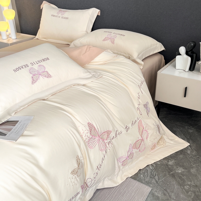 91家纺网 家纺一手货源 找家纺 青柚 2025新款梦蝶亲肤棉刺绣四件套（小号不低于98元，标准不低于138，加大不低于148，以此类推，低价必投不撤销） 梦蝶-香槟