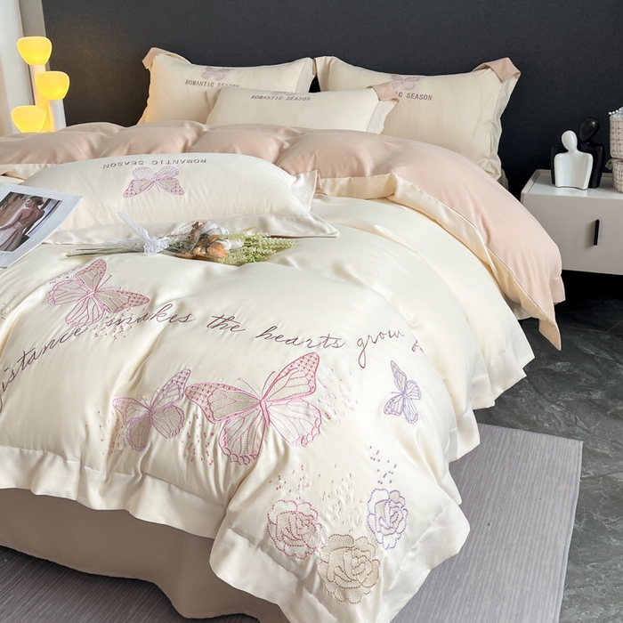 91家纺网 家纺一手货源 找家纺 青柚 2025新款梦蝶亲肤棉刺绣四件套（小号不低于98元，标准不低于138，加大不低于148，以此类推，低价必投不撤销） 梦蝶-香槟