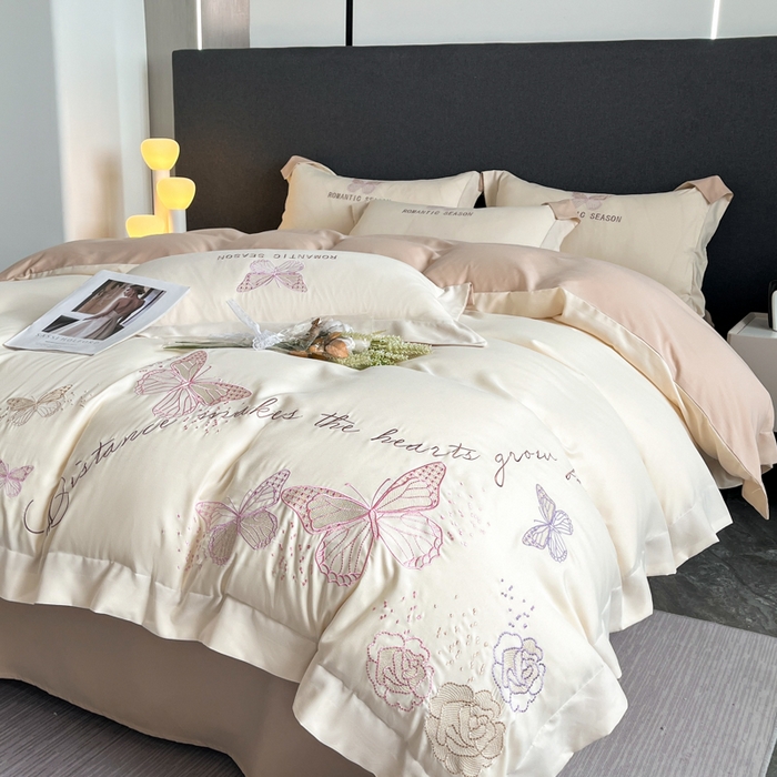 91家纺网 家纺一手货源 找家纺 青柚 2025新款梦蝶亲肤棉刺绣四件套（小号不低于98元，标准不低于138，加大不低于148，以此类推，低价必投不撤销） 梦蝶-香槟