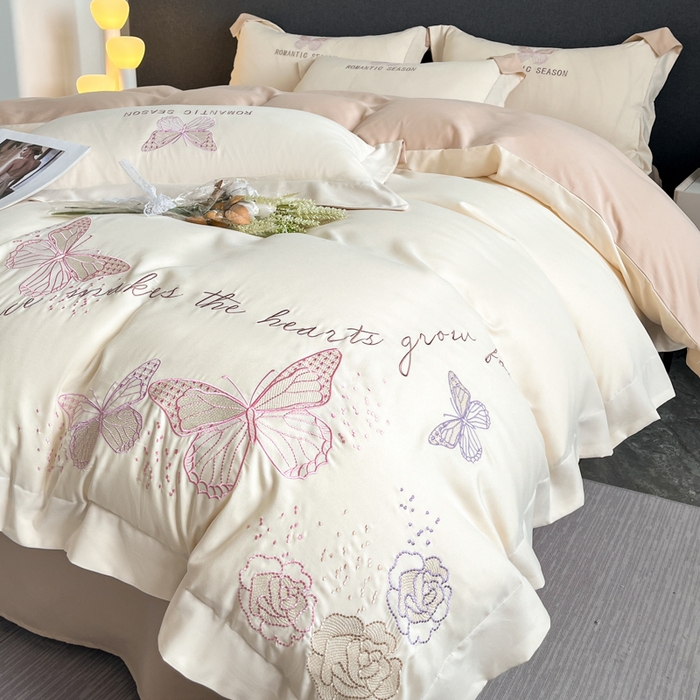 91家纺网 家纺一手货源 找家纺 青柚 2025新款梦蝶亲肤棉刺绣四件套（小号不低于98元，标准不低于138，加大不低于148，以此类推，低价必投不撤销） 梦蝶-香槟