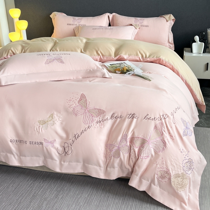 91家纺网 家纺一手货源 找家纺 青柚 2025新款梦蝶亲肤棉刺绣四件套（小号不低于98元，标准不低于138，加大不低于148，以此类推，低价必投不撤销） 梦蝶-裸粉