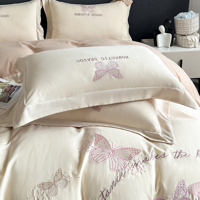 91家纺网 家纺一手货源 找家纺 青柚 2025新款梦蝶亲肤棉刺绣四件套（小号不低于98元，标准不低于138，加大不低于148，以此类推，低价必投不撤销） 梦蝶-香槟