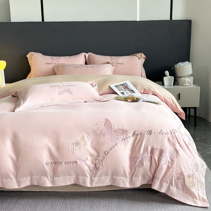 91家纺网 家纺一手货源 找家纺 青柚 2025新款梦蝶亲肤棉刺绣四件套（小号不低于98元，标准不低于138，加大不低于148，以此类推，低价必投不撤销） 梦蝶-裸粉