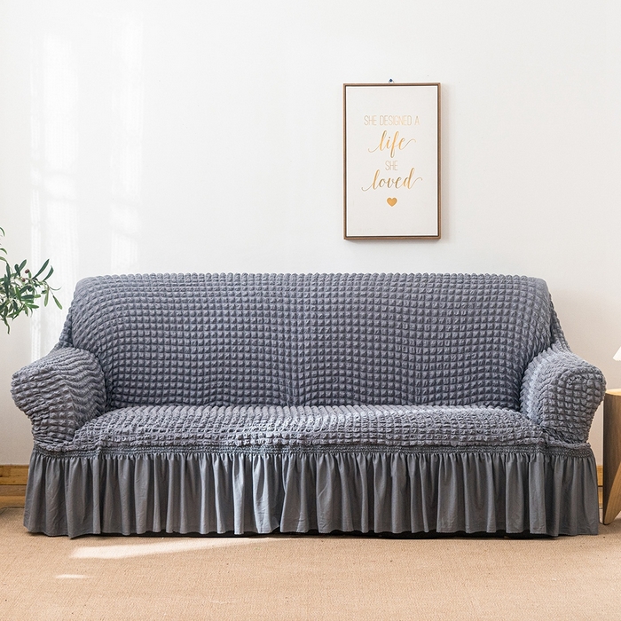 91家纺网 家纺一手货源 找家纺 布兰鸟【沙发套】 2025新款泡泡沙发套【英文裙摆款】三人沙发风格 单色中灰