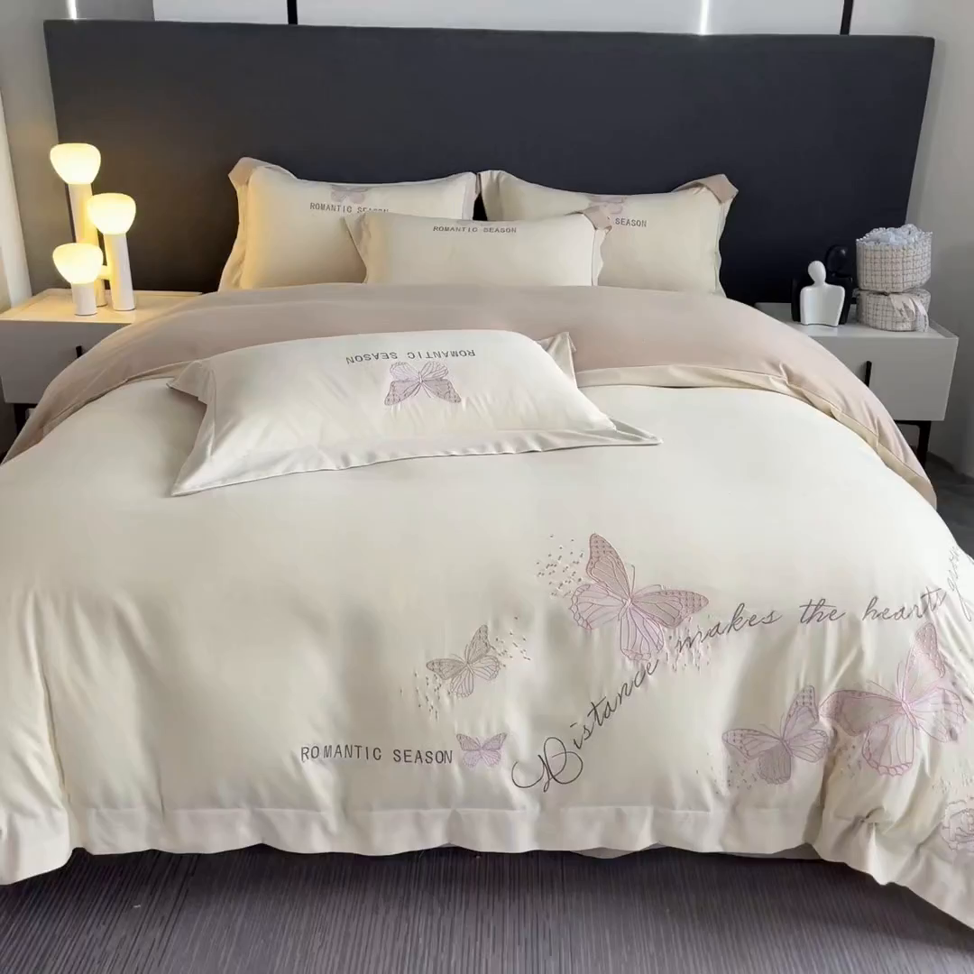 91家纺网 家纺一手货源 找家纺 青柚 2025新款梦蝶亲肤棉刺绣四件套（小号不低于98元，标准不低于138，加大不低于148，以此类推，低价必投不撤销） 梦蝶-香槟