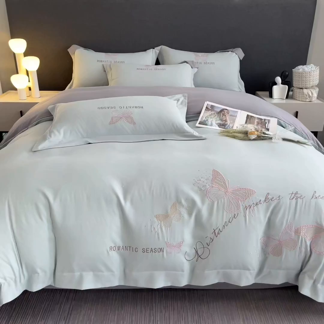 91家纺网 家纺一手货源 找家纺 青柚 2025新款梦蝶亲肤棉刺绣四件套（小号不低于98元，标准不低于138，加大不低于148，以此类推，低价必投不撤销） 梦蝶-飘蓝