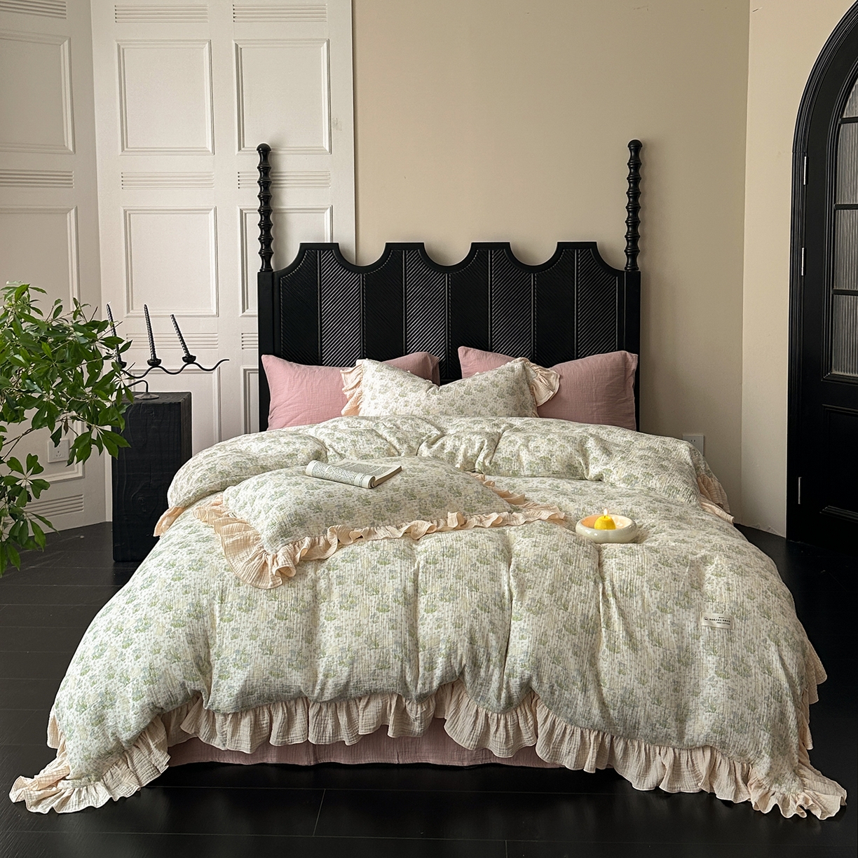 91家纺网 家纺一手货源 找家纺 （总）耀悦家纺 2025新款纯棉四件套皱皱纱全棉双层纱花边套件欧式新中式