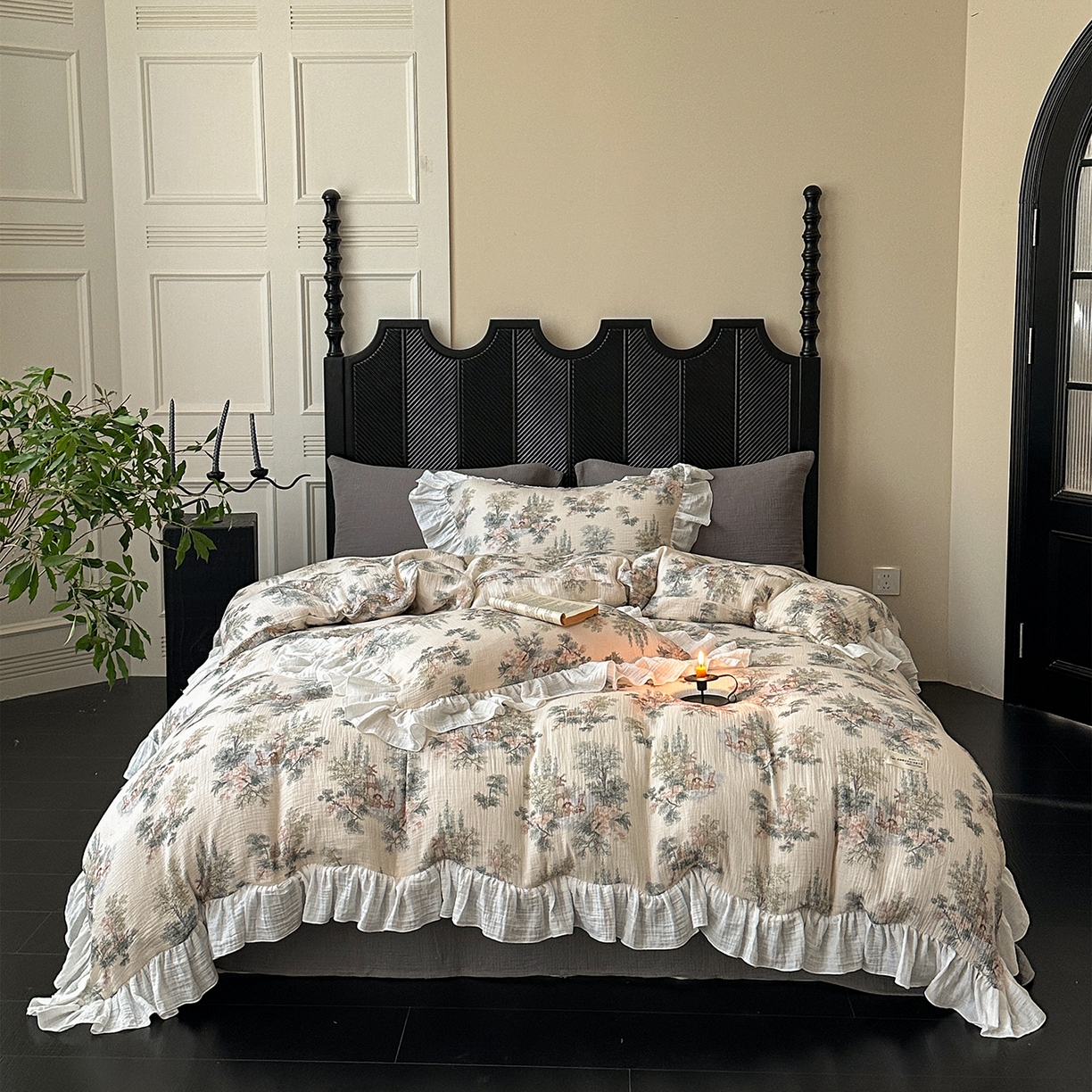 91家纺网 家纺一手货源 找家纺 （总）耀悦家纺 2025新款纯棉四件套皱皱纱全棉双层纱花边套件欧式新中式