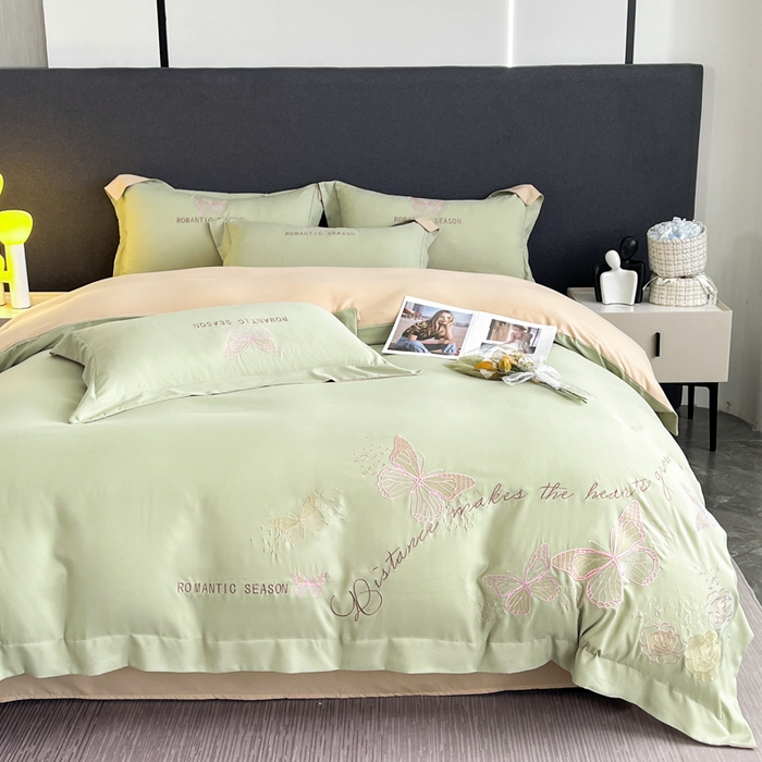 91家纺网 家纺一手货源 找家纺 青柚 2025新款梦蝶亲肤棉刺绣四件套（小号不低于98元，标准不低于138，加大不低于148，以此类推，低价必投不撤销） 梦蝶-草绿