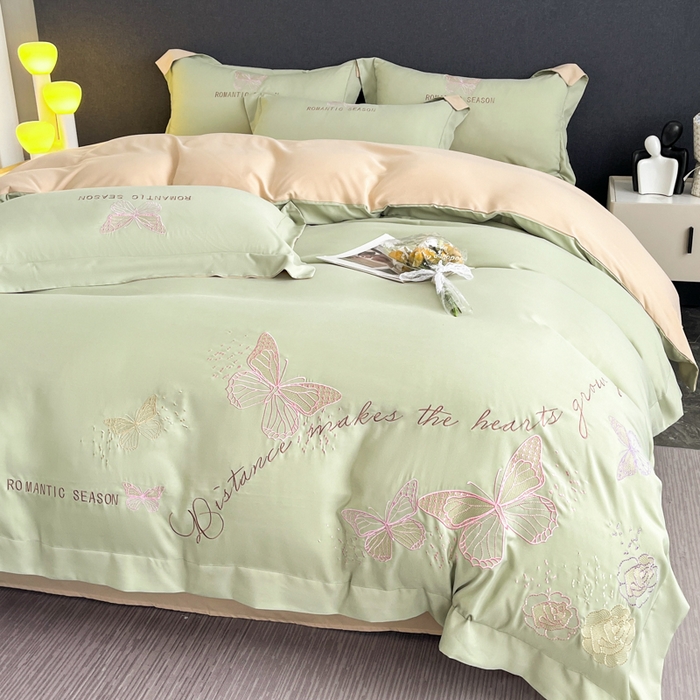 91家纺网 家纺一手货源 找家纺 青柚 2025新款梦蝶亲肤棉刺绣四件套（小号不低于98元，标准不低于138，加大不低于148，以此类推，低价必投不撤销） 梦蝶-草绿