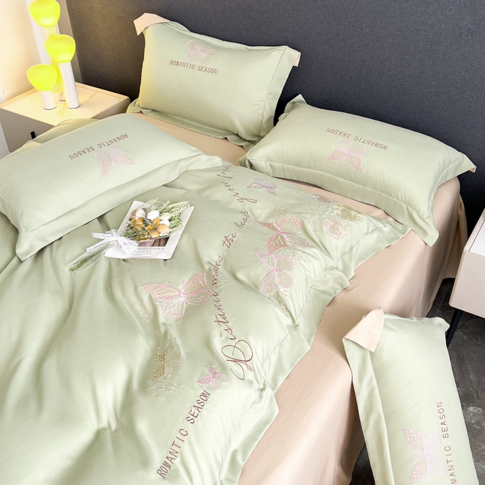 91家纺网 家纺一手货源 找家纺 青柚 2025新款梦蝶亲肤棉刺绣四件套（小号不低于98元，标准不低于138，加大不低于148，以此类推，低价必投不撤销） 梦蝶-草绿