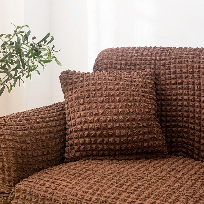 91家纺网 家纺一手货源 找家纺 布兰鸟【沙发套】 2025新款泡泡沙发套【英文裙摆款】三人沙发风格 单色中咖