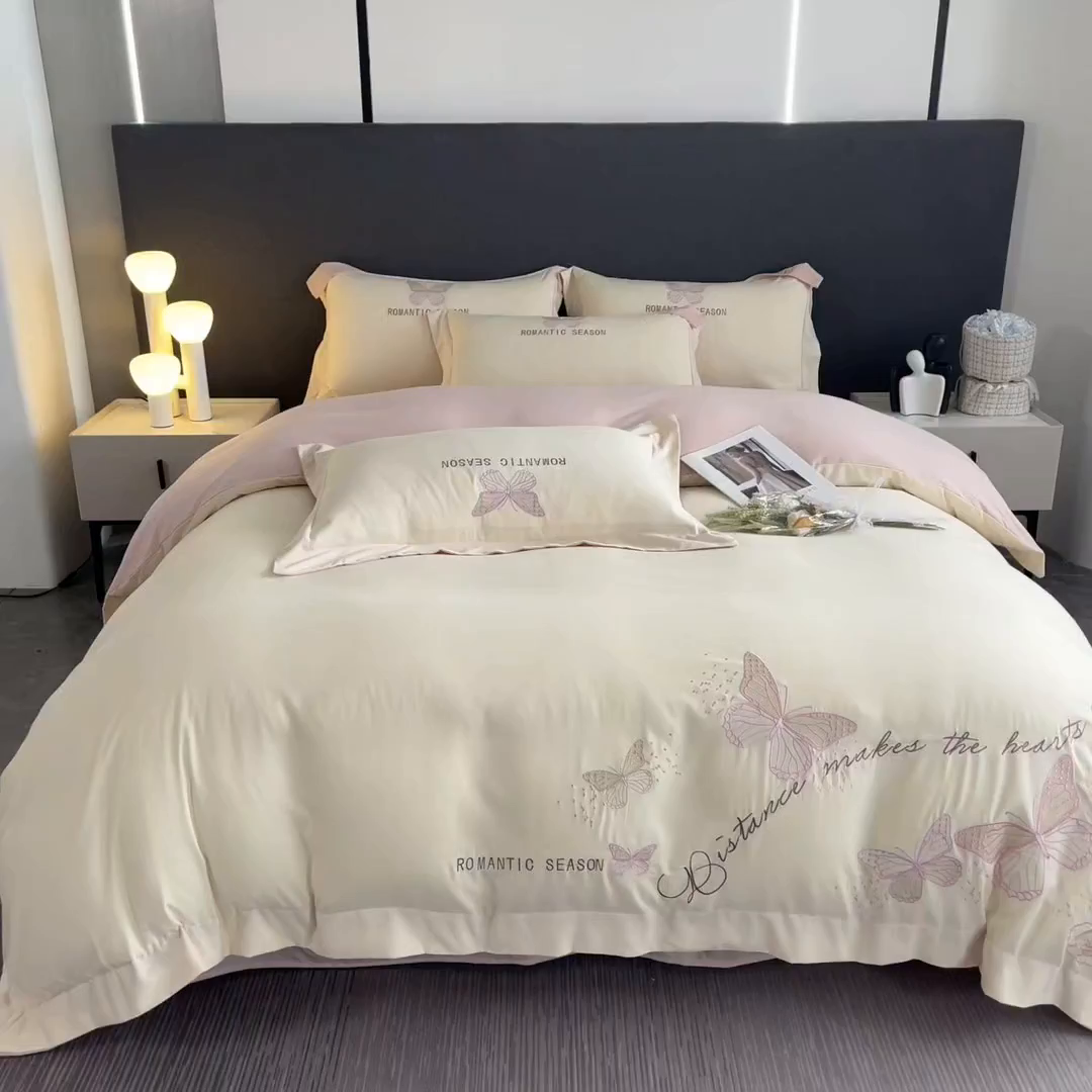 91家纺网 家纺一手货源 找家纺 （总）青柚 2025新款梦蝶亲肤棉刺绣四件套（小号不低于98元，标准不低于138，加大不低于148，以此类推，低价必投不撤销）