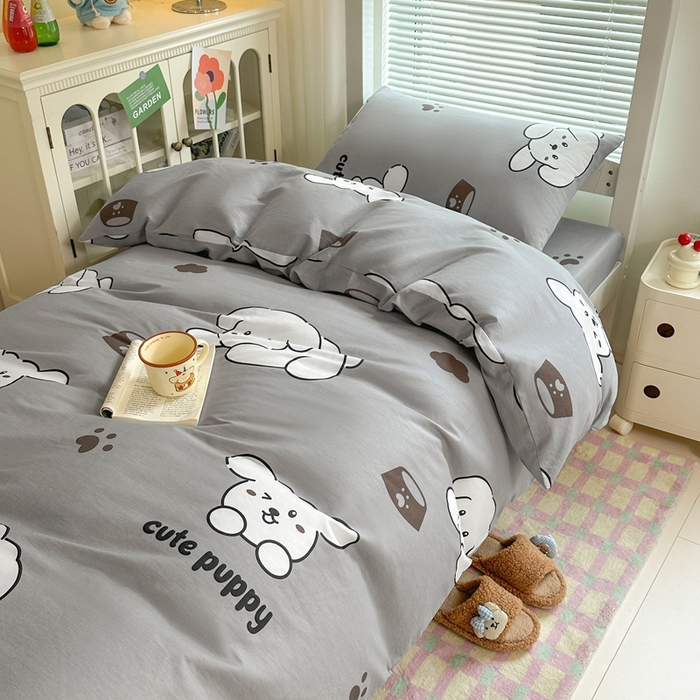 91家纺网 家纺一手货源 找家纺 寐眠 2025新款全棉纯棉印花学生三件套上下铺三件套 软萌奶狗