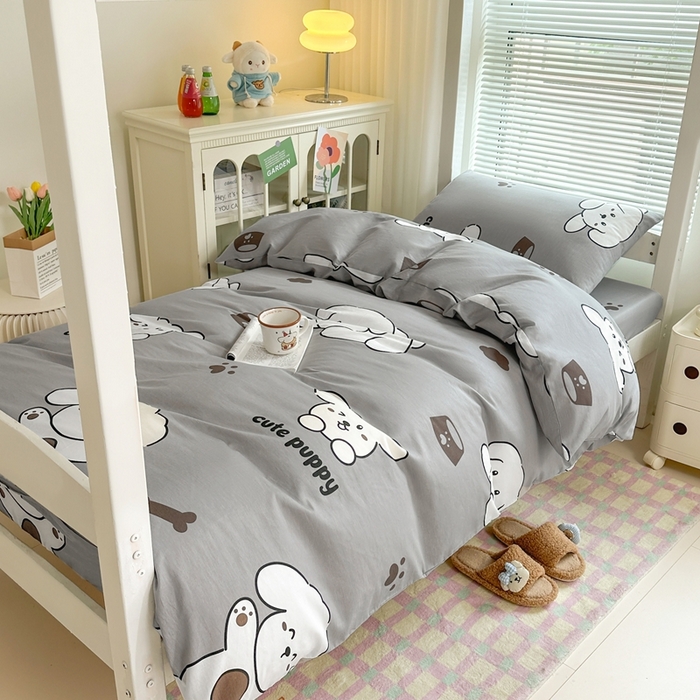 91家纺网 家纺一手货源 找家纺 寐眠 2025新款全棉纯棉印花学生三件套上下铺三件套 软萌奶狗