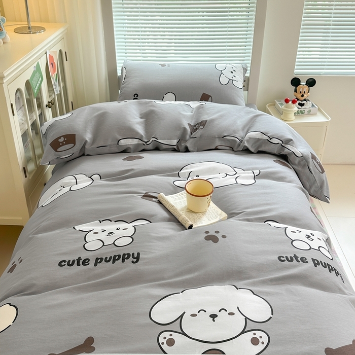 91家纺网 家纺一手货源 找家纺 寐眠 2025新款全棉纯棉印花学生三件套上下铺三件套 软萌奶狗