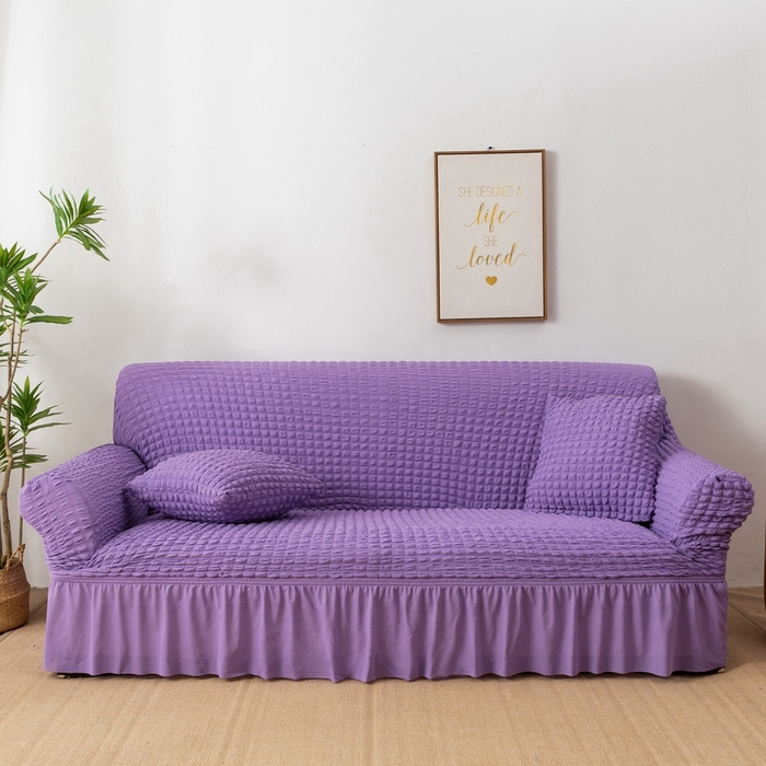 91家纺网 家纺一手货源 找家纺 布兰鸟【沙发套】 2025新款泡泡沙发套【英文裙摆款】三人沙发风格 单色紫