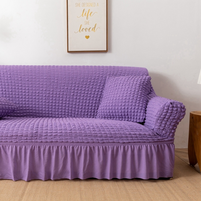 91家纺网 家纺一手货源 找家纺 布兰鸟【沙发套】 2025新款泡泡沙发套【英文裙摆款】三人沙发风格 单色紫