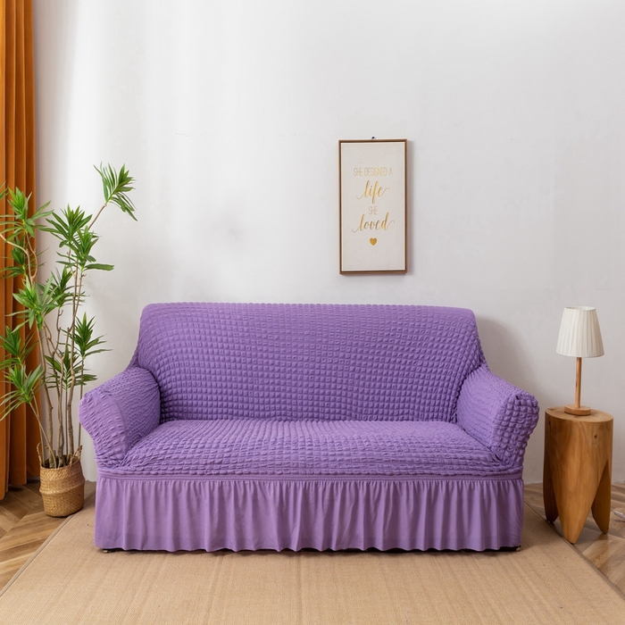 91家纺网 家纺一手货源 找家纺 布兰鸟【沙发套】 2025新款泡泡沙发套【英文裙摆款】三人沙发风格 单色紫