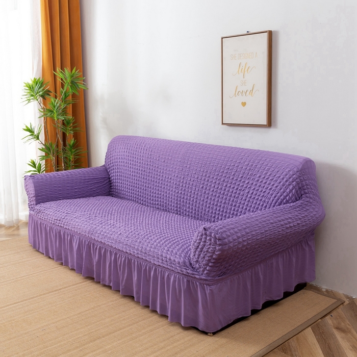 91家纺网 家纺一手货源 找家纺 布兰鸟【沙发套】 2025新款泡泡沙发套【英文裙摆款】三人沙发风格 单色紫