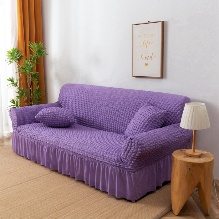 91家纺网 家纺一手货源 找家纺 布兰鸟【沙发套】 2025新款泡泡沙发套【英文裙摆款】三人沙发风格 单色紫
