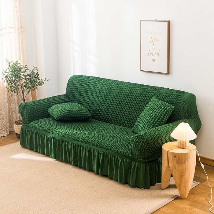 91家纺网 家纺一手货源 找家纺 布兰鸟【沙发套】 2025新款泡泡沙发套【英文裙摆款】三人沙发风格 豆沙绿