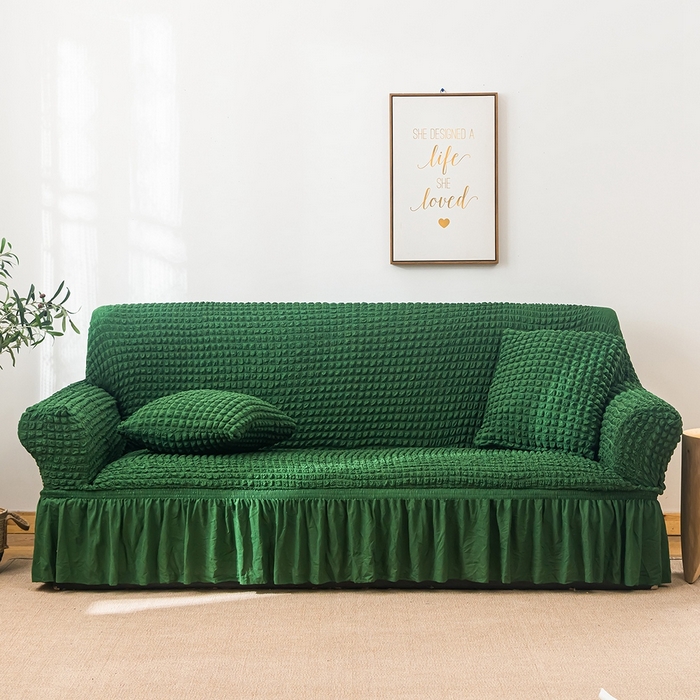 91家纺网 家纺一手货源 找家纺 布兰鸟【沙发套】 2025新款泡泡沙发套【英文裙摆款】三人沙发风格 豆沙绿