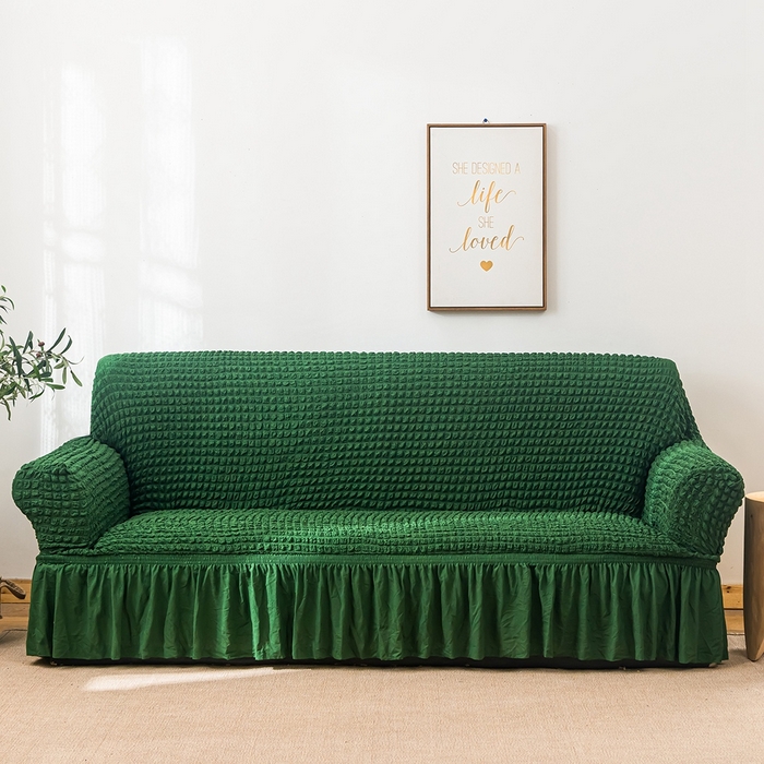 91家纺网 家纺一手货源 找家纺 布兰鸟【沙发套】 2025新款泡泡沙发套【英文裙摆款】三人沙发风格 豆沙绿