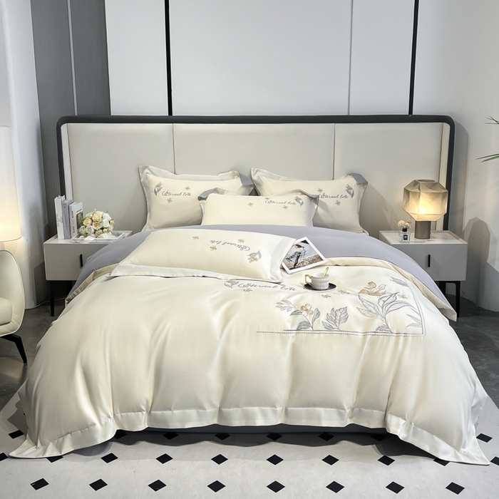 91家纺网 家纺一手货源 找家纺 （总）青柚 2025新款A类亲肤棉刺绣四件套-蓝风铃（小号不低于98元，标准不低于138，加大不低于148，以此类推，低价必投不撤销）