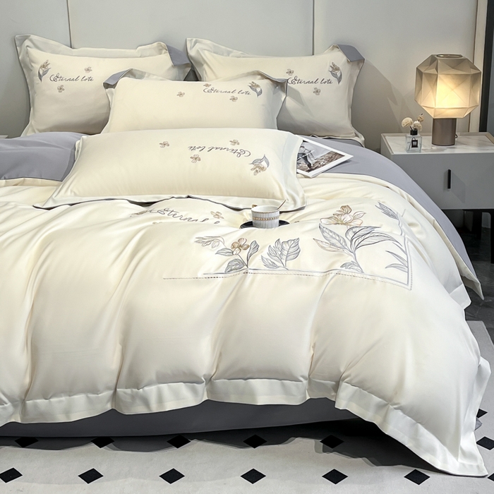 91家纺网 家纺一手货源 找家纺 青柚 2025新款A类亲肤棉刺绣四件套-蓝风铃（小号不低于98元，标准不低于138，加大不低于148，以此类推，低价必投不撤销） 蓝风铃-绅士灰