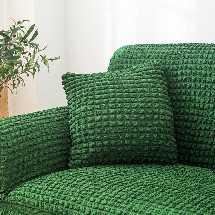 91家纺网 家纺一手货源 找家纺 布兰鸟【沙发套】 2025新款泡泡沙发套【英文裙摆款】三人沙发风格 豆沙绿