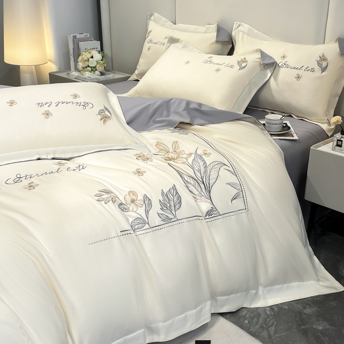 91家纺网 家纺一手货源 找家纺 青柚 2025新款A类亲肤棉刺绣四件套-蓝风铃（小号不低于98元，标准不低于138，加大不低于148，以此类推，低价必投不撤销） 蓝风铃-绅士灰