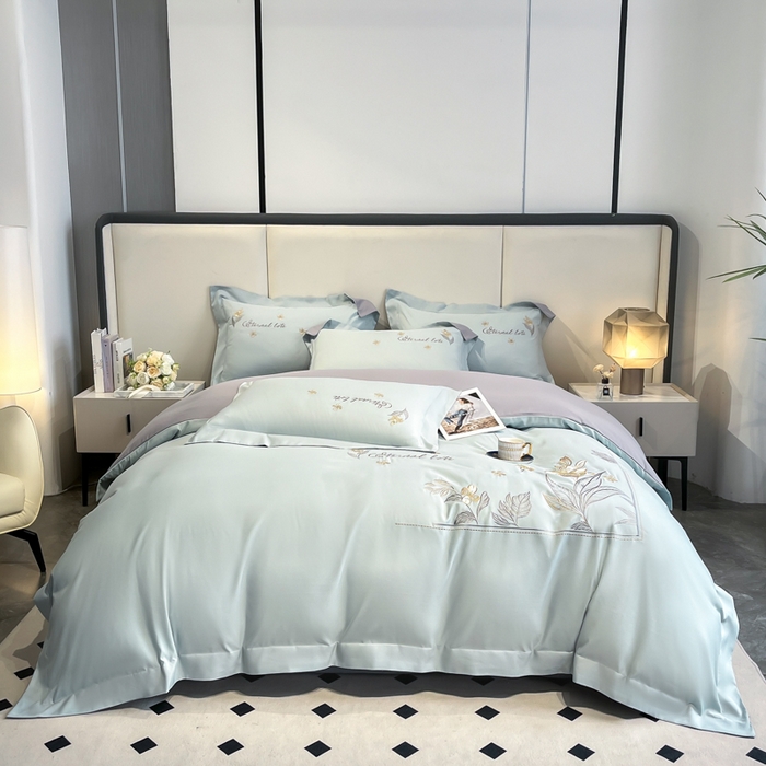 91家纺网 家纺一手货源 找家纺 （总）青柚 2025新款A类亲肤棉刺绣四件套-蓝风铃（小号不低于98元，标准不低于138，加大不低于148，以此类推，低价必投不撤销）