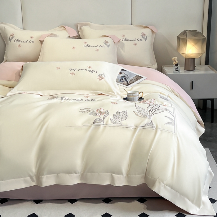 91家纺网 家纺一手货源 找家纺 （总）青柚 2025新款A类亲肤棉刺绣四件套-蓝风铃（小号不低于98元，标准不低于138，加大不低于148，以此类推，低价必投不撤销）