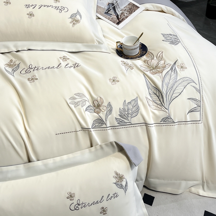 91家纺网 家纺一手货源 找家纺 青柚 2025新款A类亲肤棉刺绣四件套-蓝风铃（小号不低于98元，标准不低于138，加大不低于148，以此类推，低价必投不撤销） 蓝风铃-绅士灰