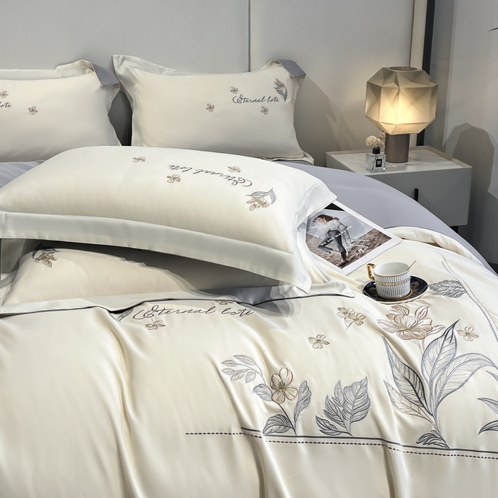 91家纺网 家纺一手货源 找家纺 青柚 2025新款A类亲肤棉刺绣四件套-蓝风铃（小号不低于98元，标准不低于138，加大不低于148，以此类推，低价必投不撤销） 蓝风铃-绅士灰